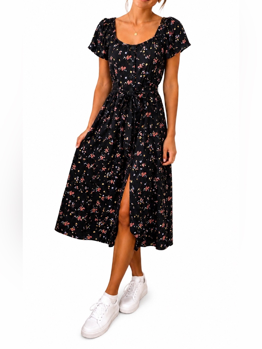 Xhilaration Black Floral Button-Front Midi Dress with Tie Waist